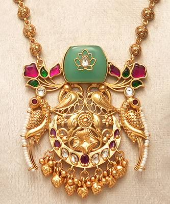 Gold plated mint green stones kundan necklace set 4