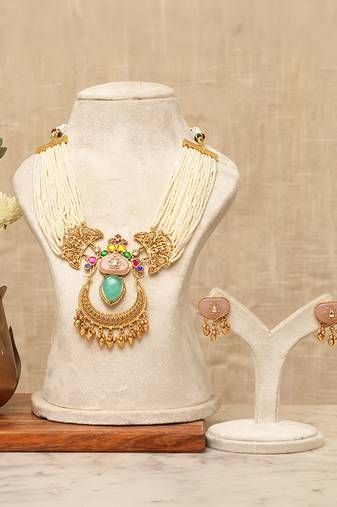 Gold plated multi strand meenakari pearl necklace set