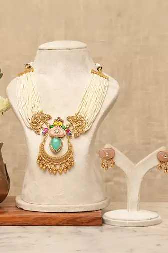 Gold plated multi strand meenakari pearl necklace set