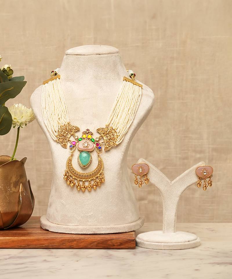 Gold plated multi strand meenakari pearl necklace set