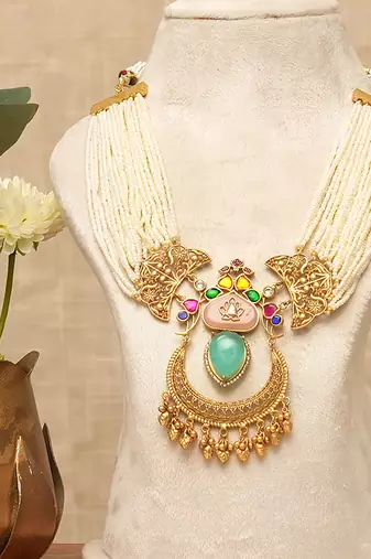 Gold plated multi strand meenakari pearl necklace set