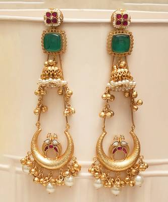 Gold plated green stones kundan earrings 1