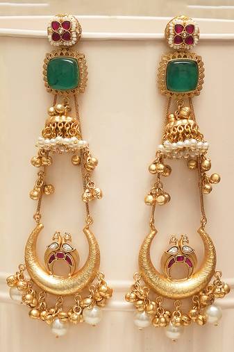Gold plated green stones kundan earrings
