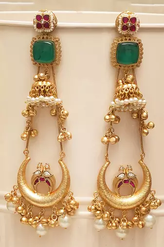 Gold plated green stones kundan earrings