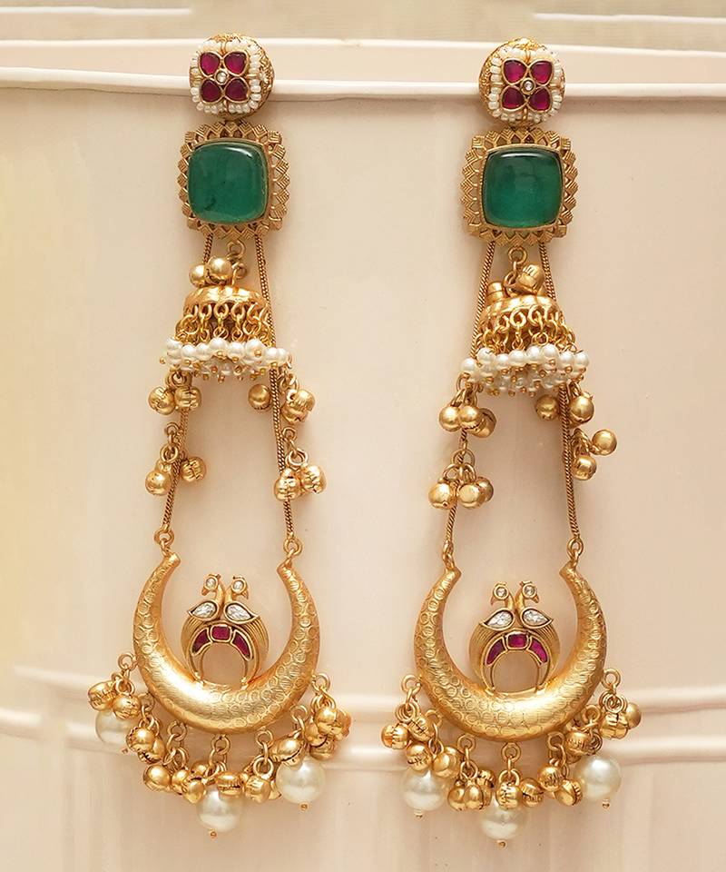 Gold plated green stones kundan earrings
