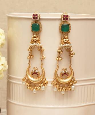 Gold plated green stones kundan earrings 2