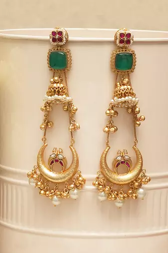 Gold plated green stones kundan earrings