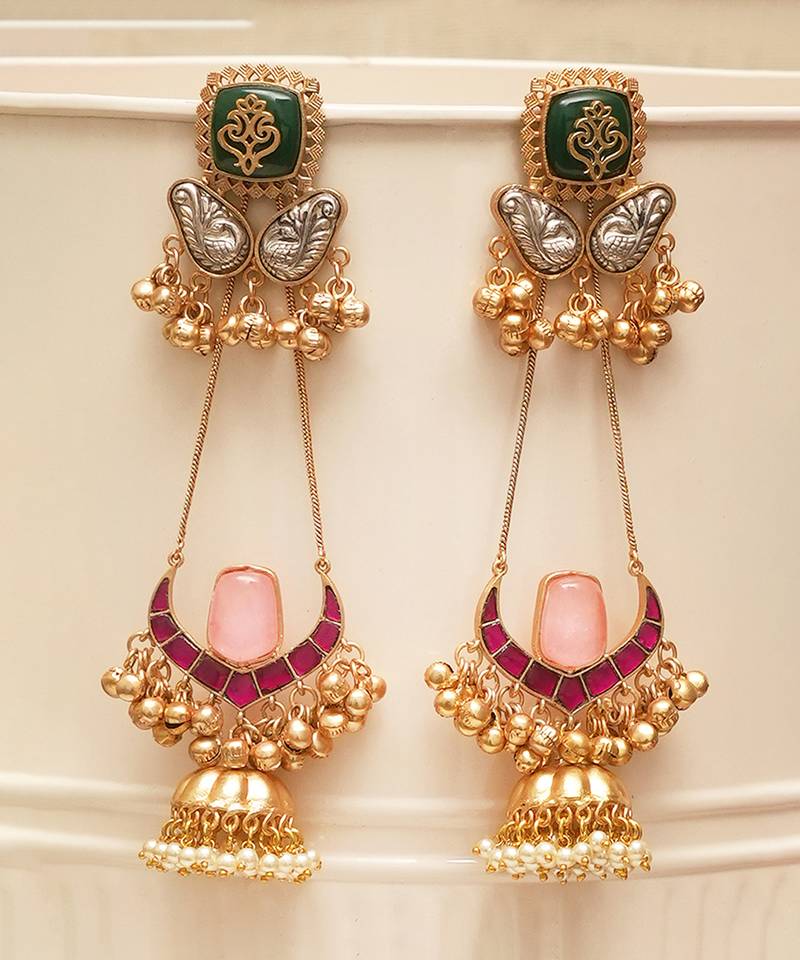 Gold plated multicolor stones kundan earrings