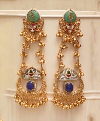 Gold plated blue green stones kundan earrings 1