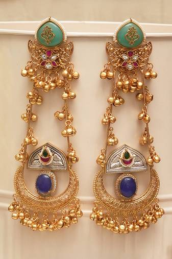 Gold plated blue green stones kundan earrings