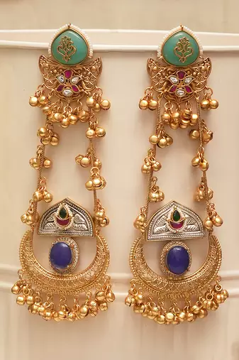 Gold plated blue green stones kundan earrings