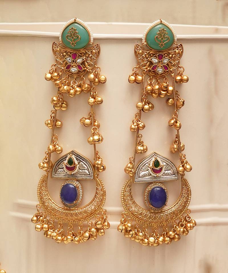 Gold plated blue green stones kundan earrings
