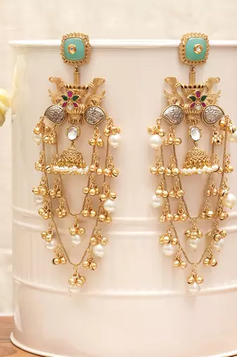 Mint green stones multi-tiered chandelier earrings