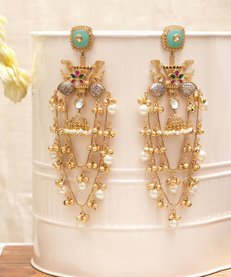 Mint green stones multi-tiered chandelier earrings