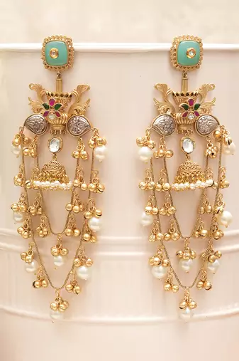 Mint green stones multi-tiered chandelier earrings