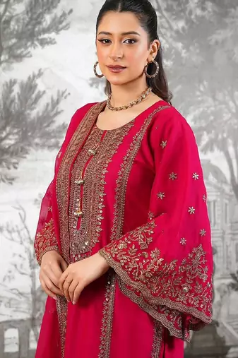 rani-pink silk festive kurta set