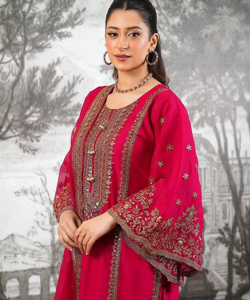 rani-pink silk festive kurta set