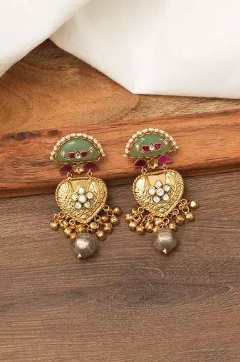 Gold plated green stones heart drop earring