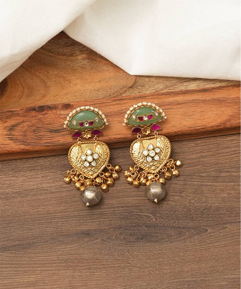 Gold plated green stones heart drop earring