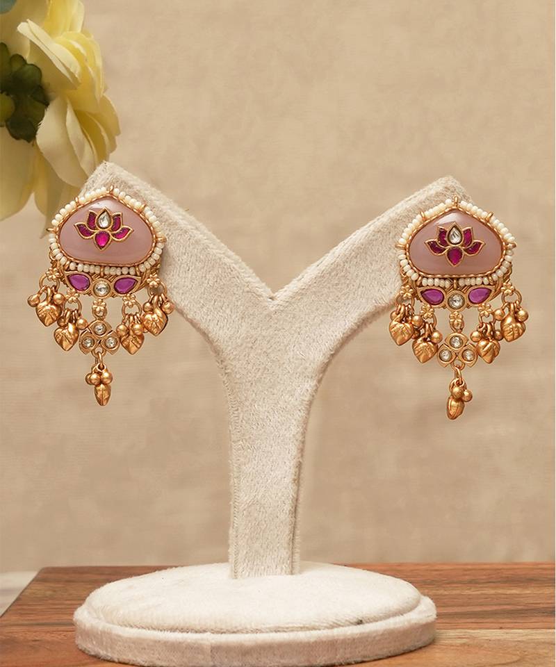 Baby pink stones meenakari earrings