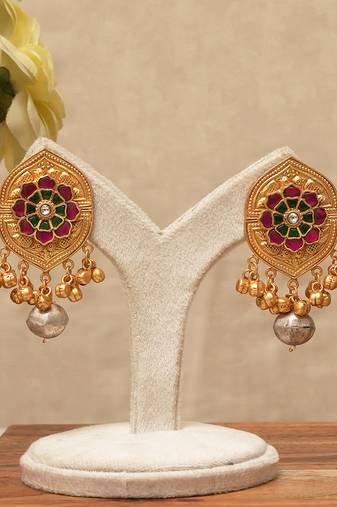 Gold plated ruby pink stones earrings