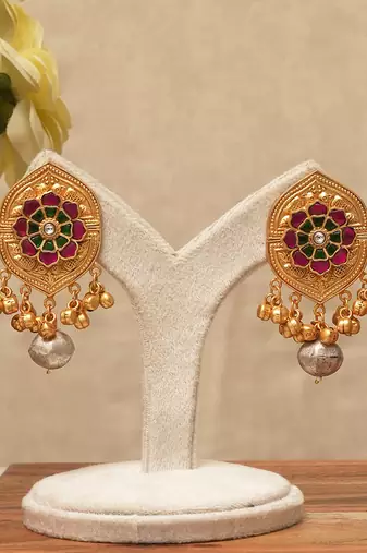 Gold plated ruby pink stones earrings