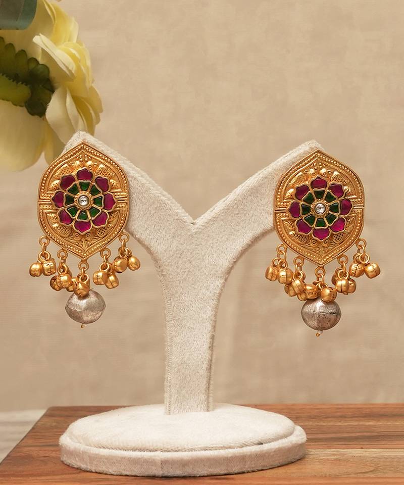 Gold plated ruby pink stones earrings