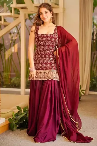 Wine embroidery faux georgette sharara suit set