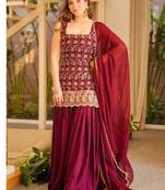 Wine embroidery faux georgette sharara suit set