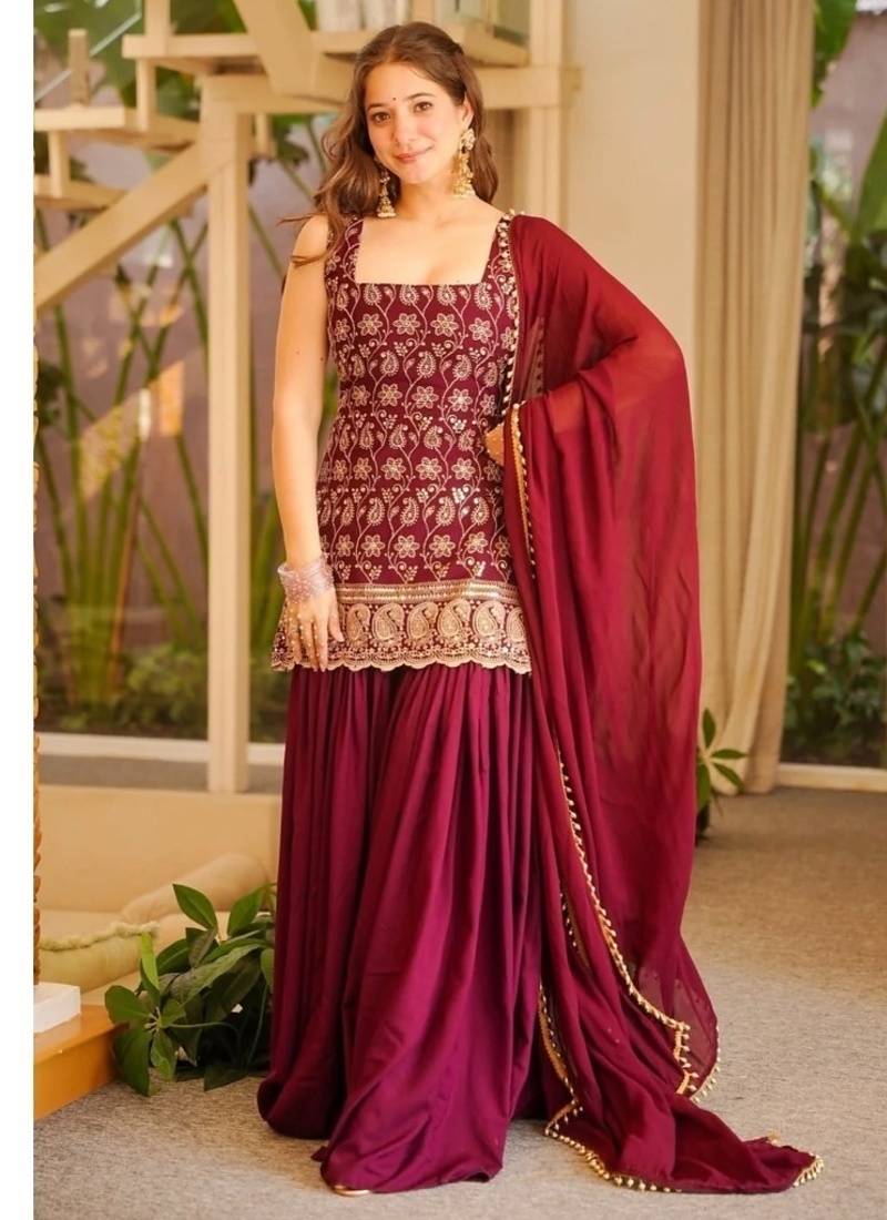 Wine embroidery faux georgette sharara suit set