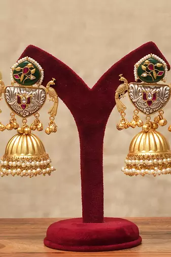 Green stones royal peacock jhumka earrings