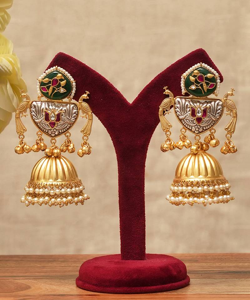 Green stones royal peacock jhumka earrings