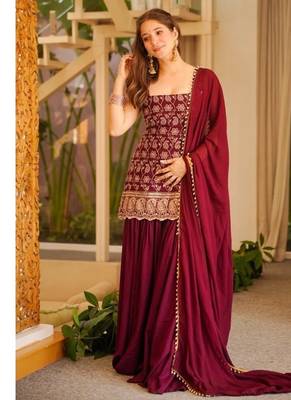 Wine embroidery faux georgette sharara suit set 2