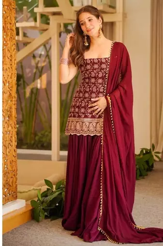 Wine embroidery faux georgette sharara suit set
