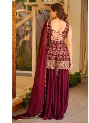 Wine embroidery faux georgette sharara suit set 3