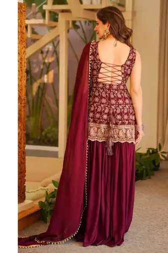 Wine embroidery faux georgette sharara suit set