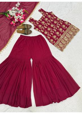 Wine embroidery faux georgette sharara suit set 4