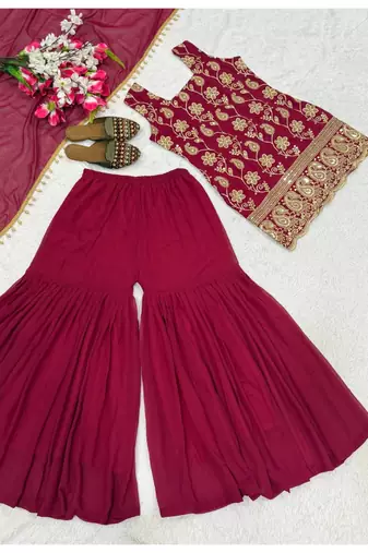 Wine embroidery faux georgette sharara suit set