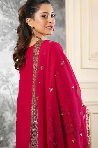rani-pink silk festive kurta set