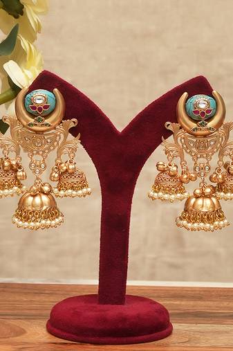 Turquoise blue stones multi tiered jhumka earrings