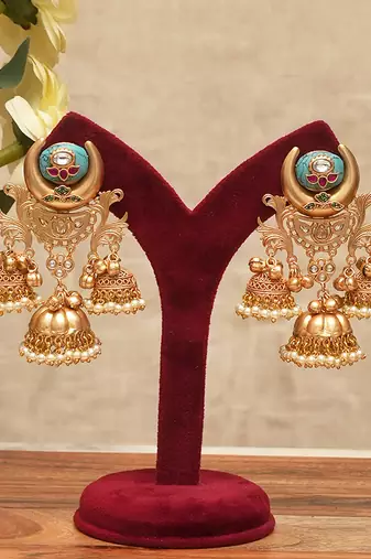 Turquoise blue stones multi tiered jhumka earrings