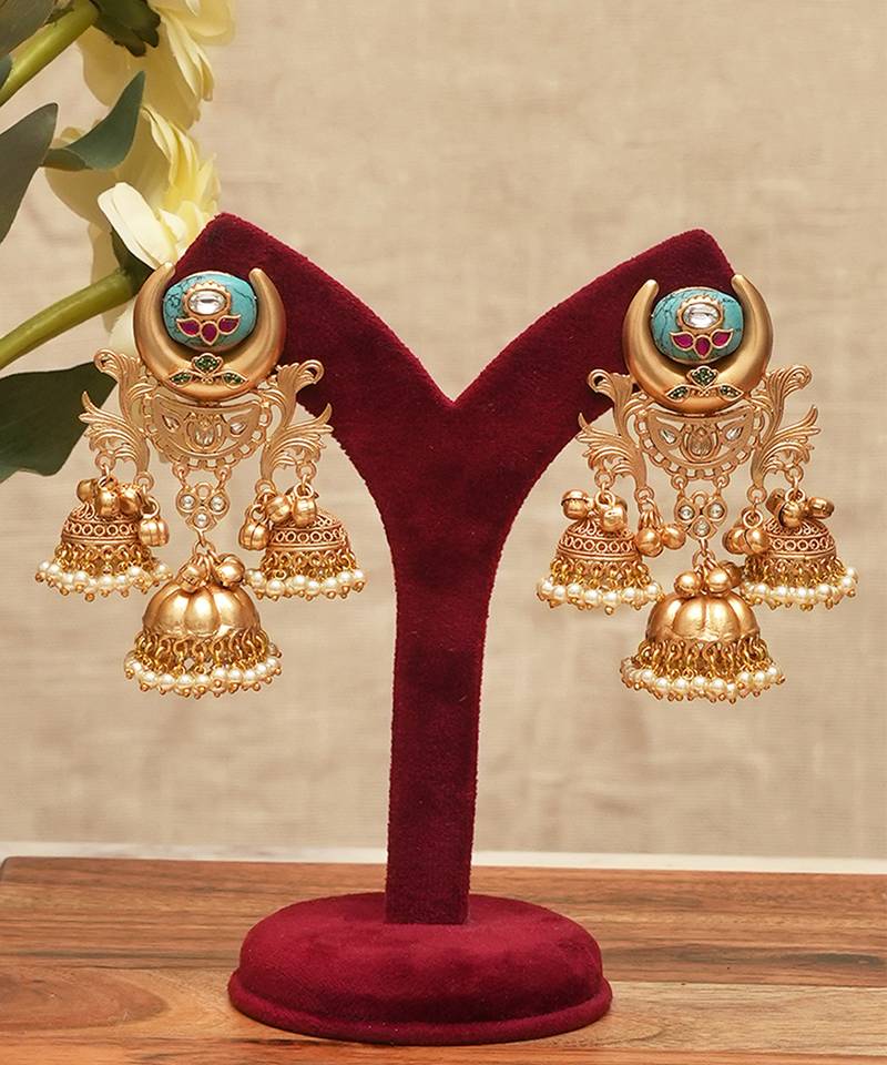 Turquoise blue stones multi tiered jhumka earrings