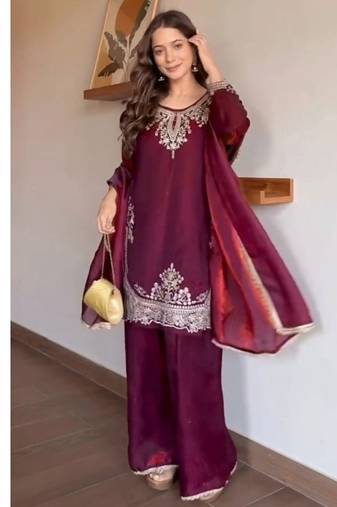 Maroon embroidery tissue sharara suit set
