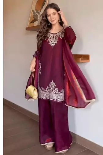 Maroon embroidery tissue sharara suit set