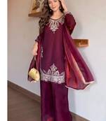 Maroon embroidery tissue sharara suit set