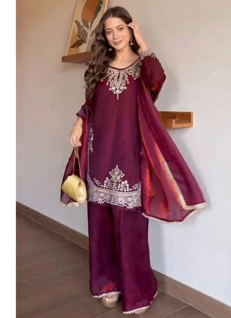 Maroon embroidery tissue sharara suit set