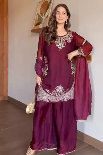 Maroon embroidery tissue sharara suit set