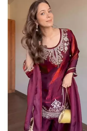 Maroon embroidery tissue sharara suit set