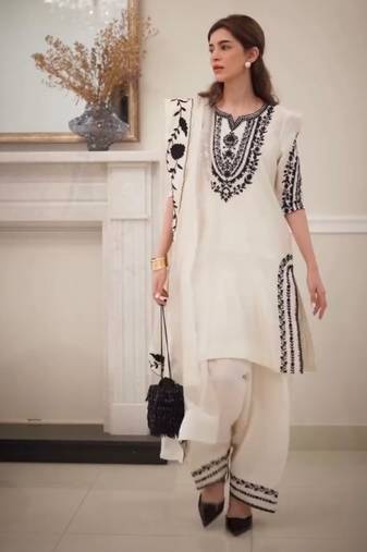 White colour natural crepe embroidered farshi suit set with organza dupatta