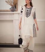 White colour natural crepe embroidered farshi suit set with organza dupatta